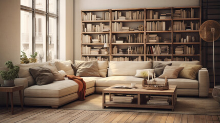 A living room with a couch a coffee table and a few bookshelves in the corner
