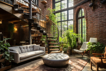 Fototapeta na wymiar Spiral iron staircase and brick-exposed wall in a bohemian loft space. Artistic home interior design of a modern atrium with large windows