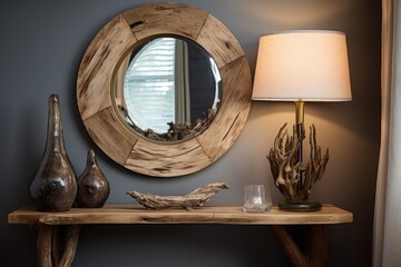 a porthole mirror on the wall, a globe on a side table, and a driftwood lamp
