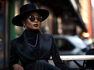 elegant dark-skinned woman in a black suit and hat - obrazy, fototapety, plakaty