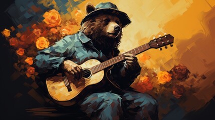 bear playing guitar ai generated - obrazy, fototapety, plakaty