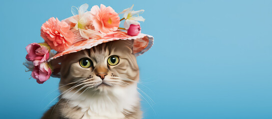 Portrait Cute fluffy cat in hat with fresh spring flowers isolated on flat blue background with copy space, spring sale banner template.  - obrazy, fototapety, plakaty