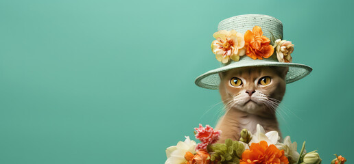 Portrait Cute fluffy cat in hat with fresh spring flowers isolated on flat green background with copy space, spring sale banner template. 