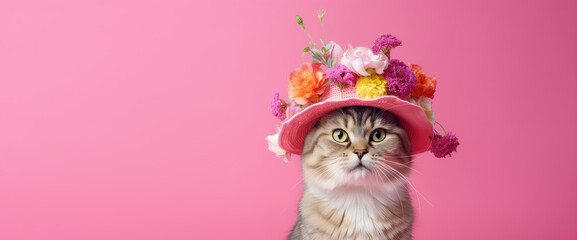 Portrait Cute fluffy cat in hat with fresh spring flowers isolated on flat pink background with copy space, spring sale banner template.  - obrazy, fototapety, plakaty