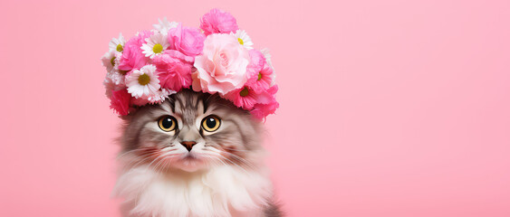 Portrait Cute fluffy cat in hat with fresh spring flowers isolated on flat pink background with copy space, spring sale banner template.  - obrazy, fototapety, plakaty