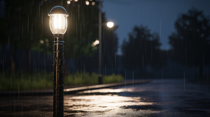 A lone streetlight shining in the rain, with no one around - obrazy, fototapety, plakaty