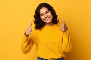 Happy young woman giving a thumb up on a yellow background