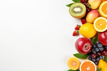 Healthy fruites on a white background top view free space for text