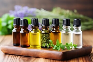 close-up of essential oils in clear bottles on a wooden tray