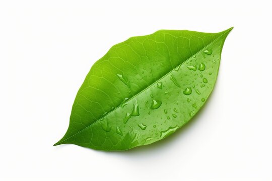 Wet green leaf isolated on white background, top view