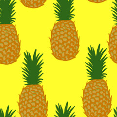 Hand drawn seamless pattern illustration of fruit pineapple, yellow green tropical dessert food, bright colorful sketch style. Eating vegetarian summer diet, tasty delicious groceries organic nature