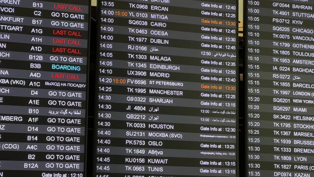 Flight information time table in Istanbul Airport. This digital departure time table display at the airport displays gate assignments, and departure times for travelers.
