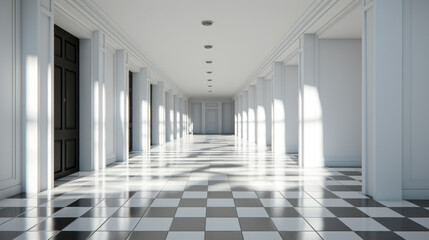Obraz premium A long hallway with white walls grey tile flooring and a few black doors