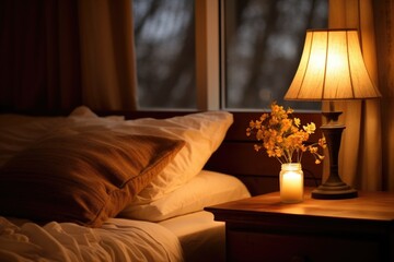 warm lamp lit in a cozy bedroom, emphasizing downtime - obrazy, fototapety, plakaty