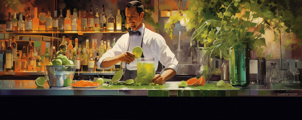 Obraz premium Bartender making coctail in pub, Alcohol mojito barman prepare.