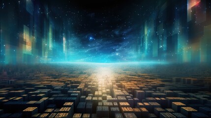 Quantum Computing Dreamscape, Abstract Quantum Bits Interacting in a Surreal Landscape