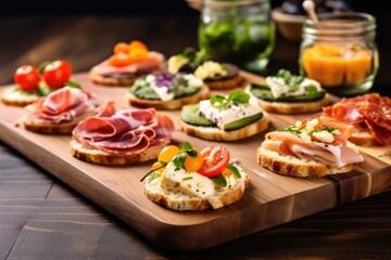 mini sandwiches with different cold cuts on an oak board - obrazy, fototapety, plakaty