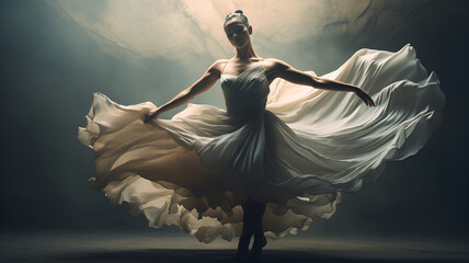 dancer in white dress with low lighting during performance - obrazy, fototapety, plakaty