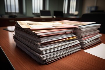 a pile of project folders on an office desk