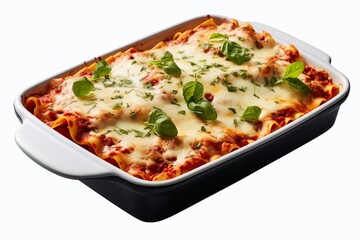 Lasagne in Backform auf transparentem Hintergrund