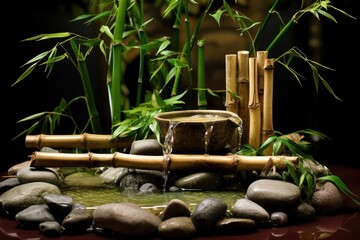bamboo water fountain with surrounding pebbles and bamboo leaves