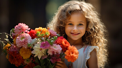 Naklejka premium portrait of a beautiful little happy girl with a lush bouquet of colorful flowers, the girl is smiling