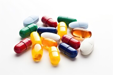 an assortment of different colored pills on a white background