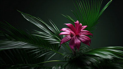 A lush green tropical plant with long, waxy leaves and a single purple bloom