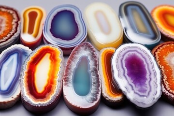 closeup of colorful agate slices on gray - obrazy, fototapety, plakaty