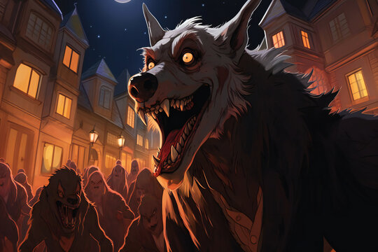 Digital illustration of a wolf attacking people in the street at night