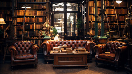 library room with two large red leather chairs and one sofa, vintage style
