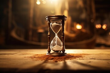 an hourglass tipping over on a sand-covered table - obrazy, fototapety, plakaty