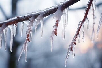 close-up of icicles hanging from a tree branch - obrazy, fototapety, plakaty