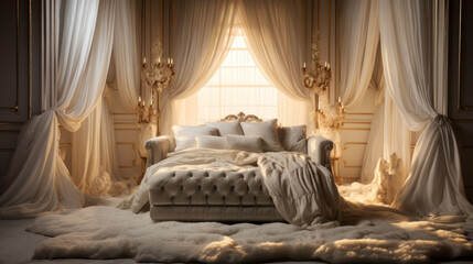 A luxurious bedchamber, with a canopy of gauzy curtains and lush pillows - obrazy, fototapety, plakaty