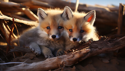 Obraz premium super cute fox sitting and scouting the landscape. fox cubs so cute . created by aiai,