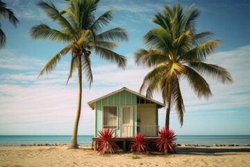 a beach hut surrounded by palm trees