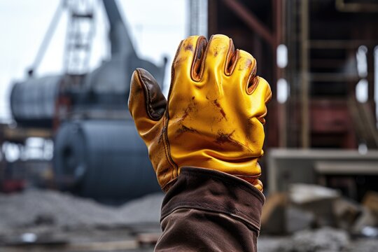 fist in union protection glove against industrial background