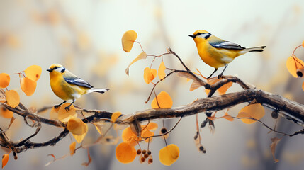 two small yellowish birds are sitting on an autumn branch with few leaves