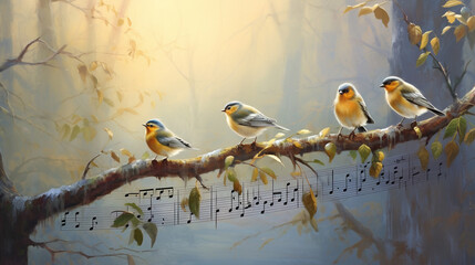 four small yellowish birds are sitting on an autumn branch, notes are drawn below them, symbolizing their singing