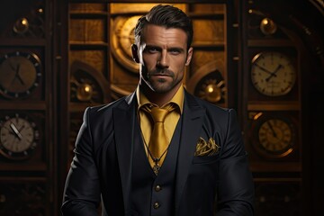Luxury man in yellow shirt and black suit on the luxury background.