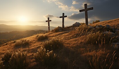 Three crosses standing together in the sunlight - obrazy, fototapety, plakaty