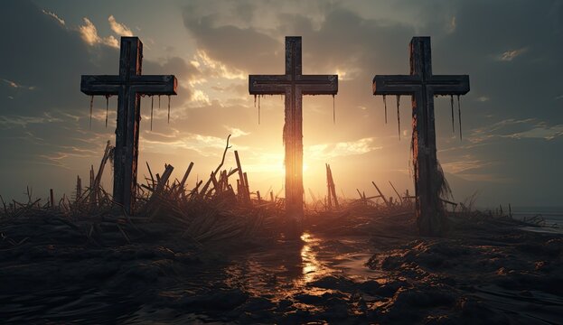 Three crosses standing together in the sunlight
