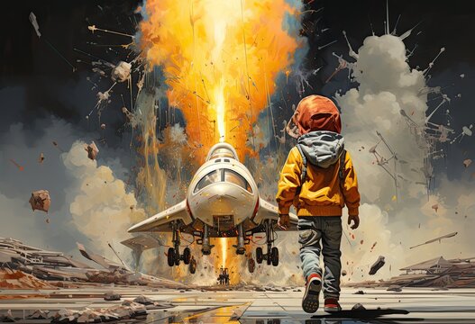 Illustration of a Boy walking torward a rocket with his backpack