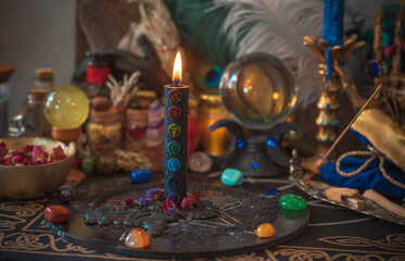 Scene with magical attributes. Witch stuff. Astrology and occultism concept. Halloween decor 