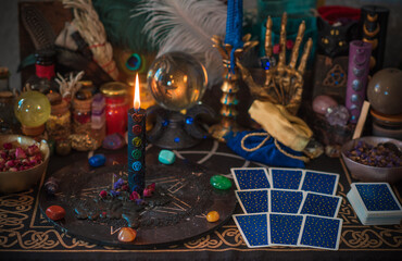 Scene with magical attributes. Witch stuff. Astrology and occultism concept. Halloween decor 