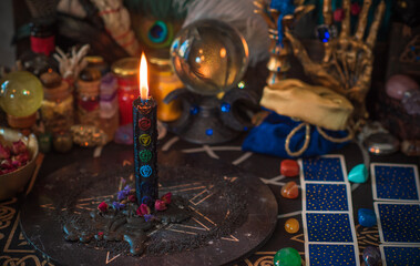 Scene with magical attributes. Witch stuff. Astrology and occultism concept. Halloween decor 
