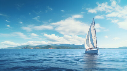 a beautiful boat with a big white sail in the open sea with the land visible in the background on a beautiful sunny day