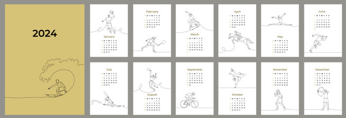 2024 vertical calendar design template. Sports, types of sports. The week starts on Sunday. 12 month planner template. Vector outline illustration
