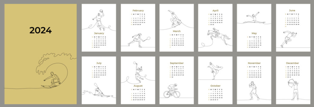 2024 vertical calendar design template. Sports, types of sports. The week starts on Sunday. 12 month planner template. Vector outline illustration