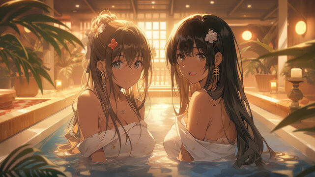Two beautiful female friends in a luxury spa relaxing in hot water - Generative AI